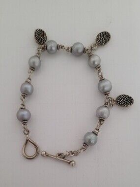 Stephen Dweck Sterling Silver Grey Pearl With 3 S/S Charms Toggle Bracelet